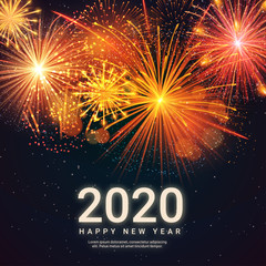 Vector Holiday Fireworks Background. Happy New Year 2020. End of the year. Holiday banner, poster, greeting card or invitation template. 