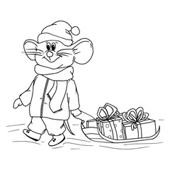 Illustration of a mouse with slad and gifts, dressed for winter, in color and black and white, perfect for children`s coloring book - Vector