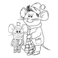 Illustration of a mouse, dressed for winter black and white, perfect for children`s coloring book - Vector