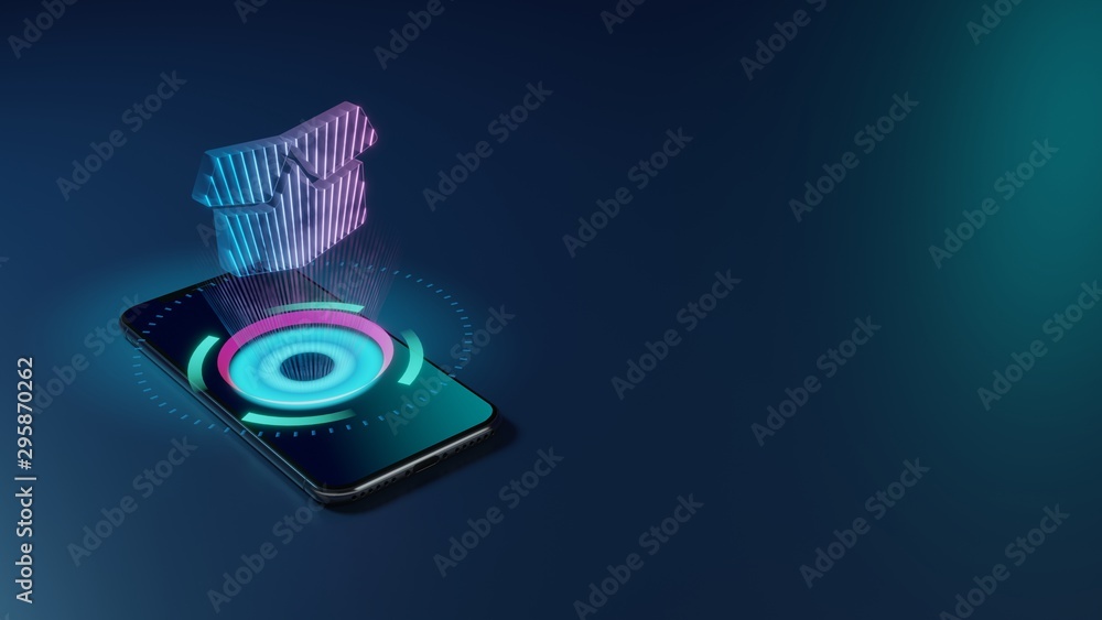 Poster 3d rendering neon holographic phone symbol of box open icon on dark background