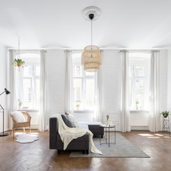 Living room with brick wall