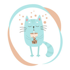 A blue cat holds a glass of tapioca tea in its paws. Vector image