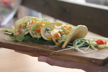 Breadfruit tacos with coconut fish and tropical salsa at Nourish Cafe, Samoa