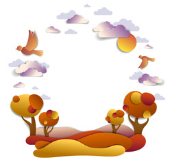 Scenic autumn landscape of meadows and trees, background with copy space, cloudy sky with birds and sun, vector illustration in paper cut kids style. Autumn in countryside, travel and tourism.