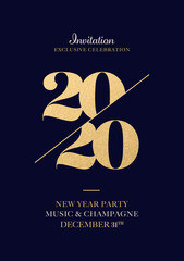 Invitation New Year Eve 2020 Celebration. Gold Foil 2020 Numbers. Elegance New Year Greeting Card Artwork.