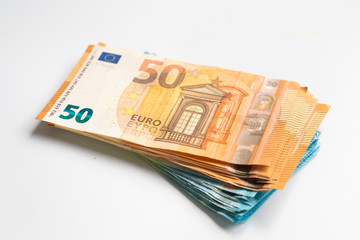Euro money value of 50 20 bundle on white background