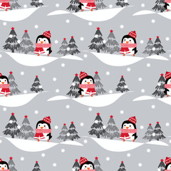 Cute penguin in Christmas winter seamless pattern.