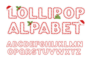 Lollipop alphabet for christmas banners and cards isolated on white background and example of using with decorations. Vector illustration