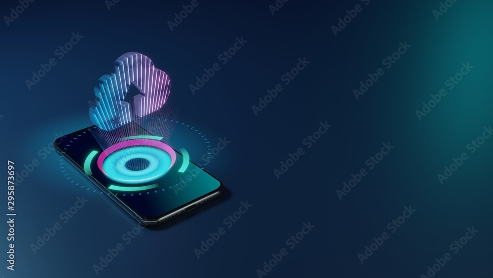Poster 3d rendering neon holographic phone symbol of upload to cloud icon on dark background