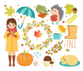 Autumn vector set with forest leaves and animals