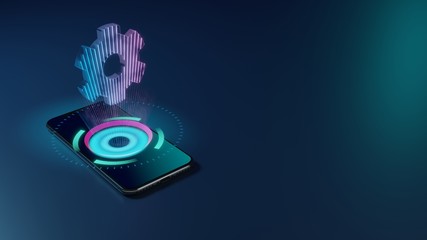 3D rendering neon holographic phone symbol of cogwheel icon on dark background