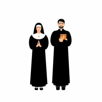 Vector Catholic priest and nun. christian  man and woman. Priest holds a bible