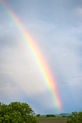 Rainbow over trees and agricultural fields with cloudy sky in background