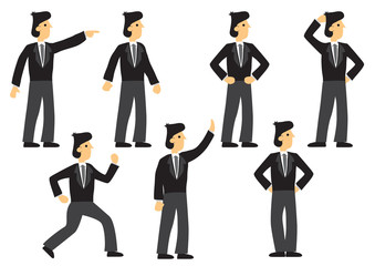 A set of seven businessman in different expression and pose. Isolated vector illustration.