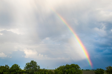 Rainbow over trees and agricultural fields with cloudy sky in background