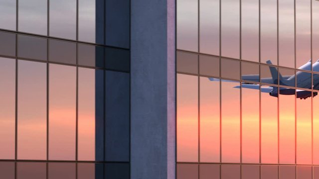 Airplane Takes Off in the Reflection of the Airport Against Sunrise, Beautiful 3d Animation 4k, Ultra HD 3840x2160