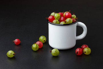 Ripe red and green gooseberries in a white metal mug