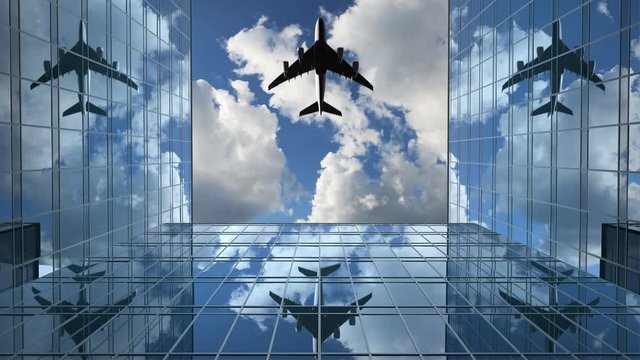 Airplane Flies in the Reflections on the Office Buildings Against a Time-Lapse Clouds Background, 3d Animation 4k, Ultra HD 3840x2160