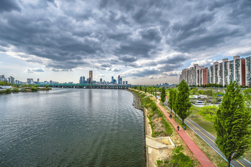 Naklejka premium Time lapse River skyline that has passed from time to time in Seoul, South Ko