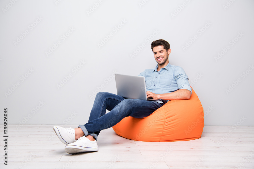 Poster turned full length body size photo of cheerful toothy handsome attractive man smiling beaming enjoyi