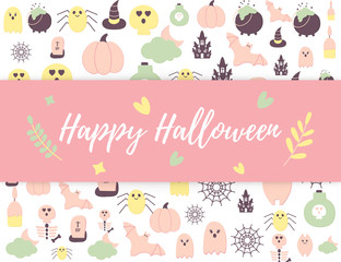 Happy Halloween cute poster with Helloween party icons and text. Pastel Pink Blue color Halloween scary ghost, pumpkin, haunted house, bat, tomb, skull, spider net. Seasonal.