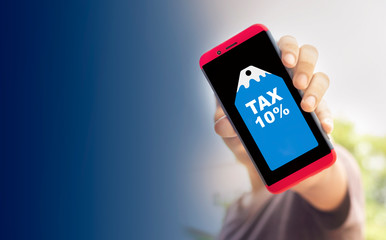 Mobile phones and messages Concept Tax or VAT 10 percent. of Japan