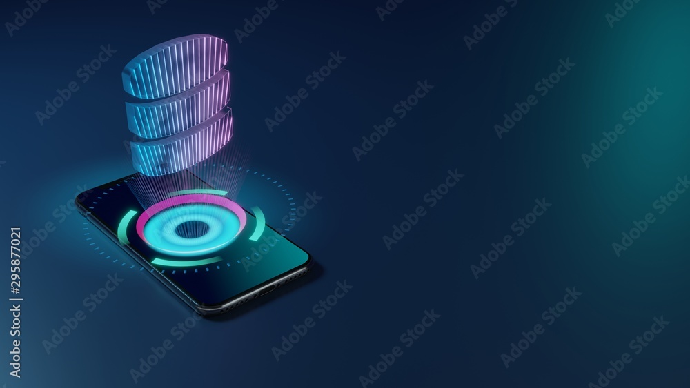 Poster 3d rendering neon holographic phone symbol of database icon on dark background