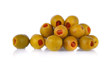 green olives stuffed with pimiento paste on white background