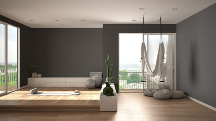 Empty yoga studio interior design, open space with mats, hammock, pillows and accessories, succulent plants, parquet, big panoramic windows, ready for yoga practice, meditation room