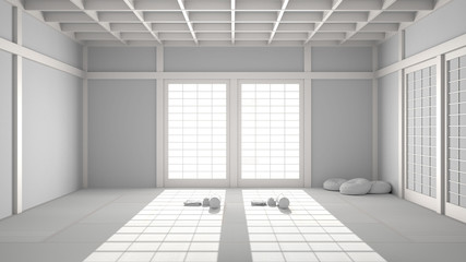 Total white project draft of empty yoga studio interior design, open space with mats, pillows and accessories, tatami, futon, wooden roof, ready for yoga practice, meditation room