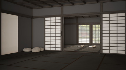 Empty yoga studio interior design, open space with mats, pillows and accessories, tatami, futon, wooden roof, window with zen garden panorama, ready for yoga practice, meditation room