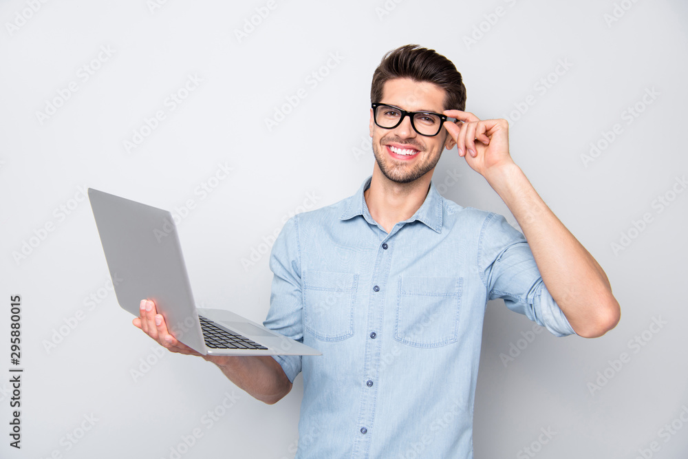 Poster photo of good mood cheerful smart intelligent attractive student having finished working on presenta