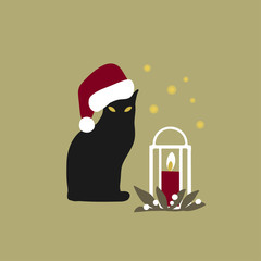 Black cat in Santa's hat minimalistic vector illustration. - 295880262