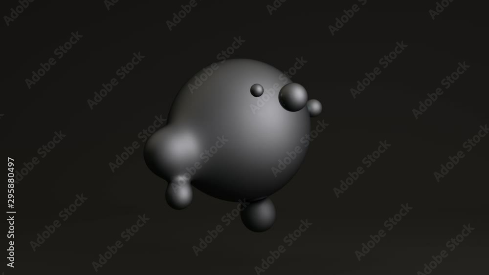 Poster liquid metal droplets in space rotate in a static structure. 3d animation.
