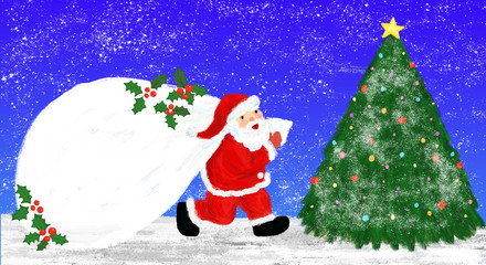 Santa Claus with holly and a christmas tree in the silent night 聖夜のサンタクロースとヒイラギとクリスマスツリー