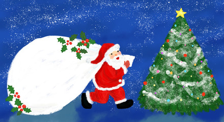 Santa Claus with holly and a christmas tree in the night 夜のサンタクロースとヒイラギとクリスマスツリー