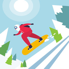 Snowboarding Santa. Winter sport activities. Flat design illustration with Santa Claus. - Vector