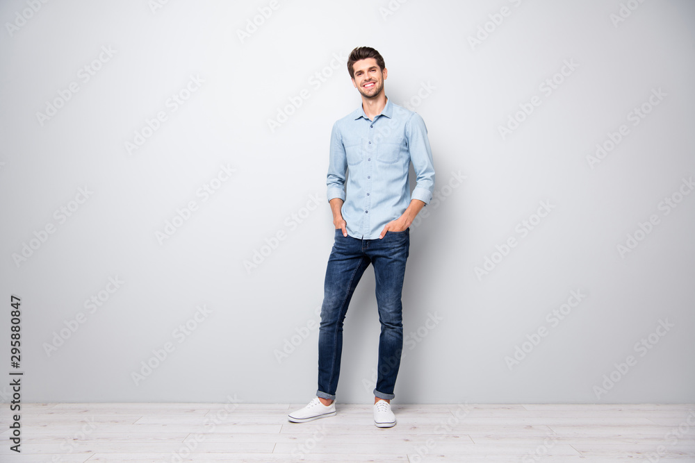 Aufkleber full length photo of charming attractive guy from university college put hands in pockets stand list