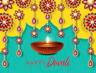 Happy Diwali Festival Design. Beautiful Indian Flower with Diya Oil Lamp Design. The Festival of Lights.