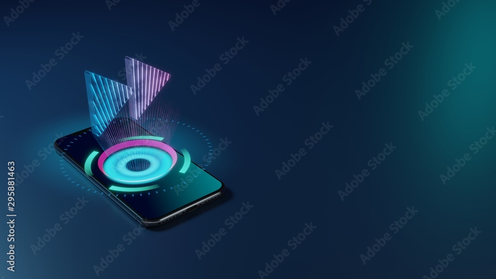 Poster 3d rendering neon holographic phone symbol of fast forward icon on dark background