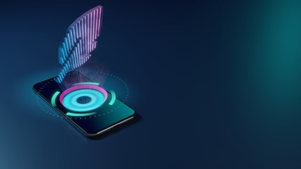 3D rendering neon holographic phone symbol of feather  icon on dark background