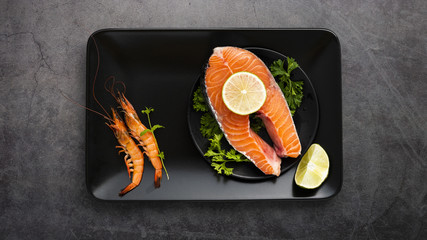 Above view decoration with salmon on tray