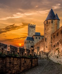 Beautiful old castles in fortified city of Carcassonne during sunset