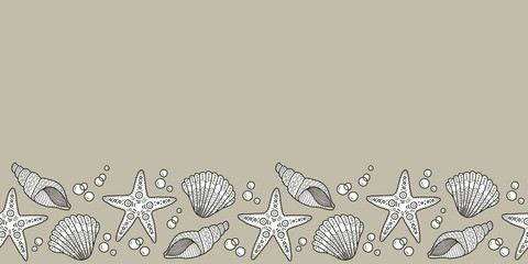 Vector shell seamless border in brown. Simple doodle seashell hand drawn made into repeat. Great for invitations, decor,  packaging, ribbon, greeting cards, stationary, travel design.