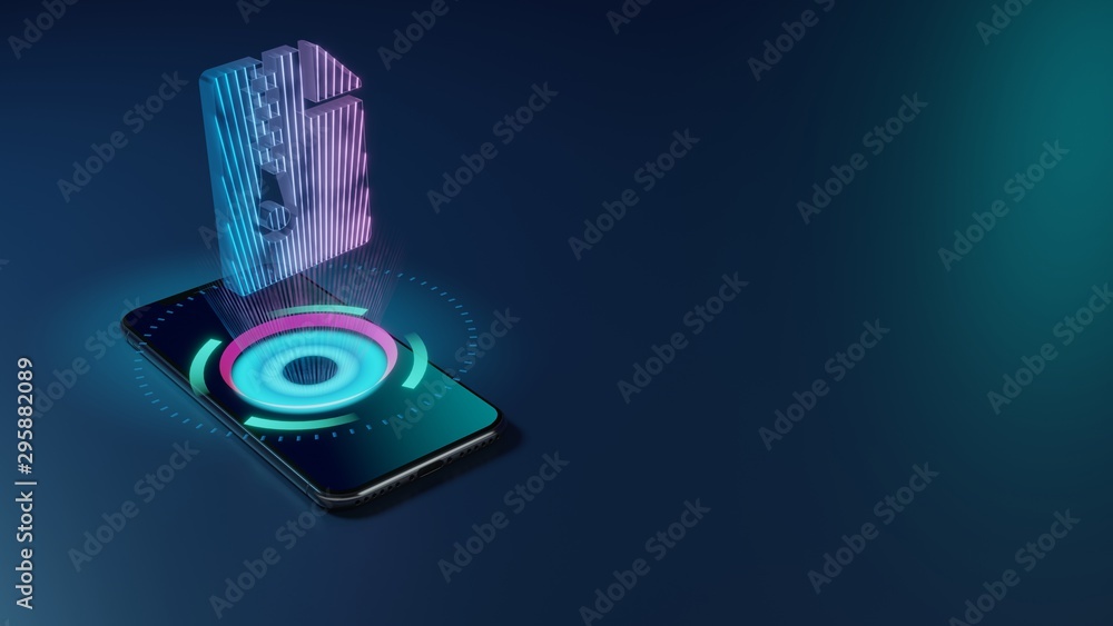 Poster 3D rendering neon holographic phone symbol of file archive icon on dark background