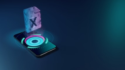 3D rendering neon holographic phone symbol of file excel icon on dark background