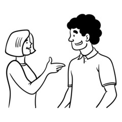 Man and woman talk excitedly and gesticulate with their hands. outline, comic illustration, vector.
