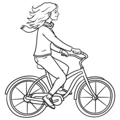 Woman riding a bicycle and her hair blowing in the wind. scarf, joy, sport, leisure, outline, vector, comic, monochrome.