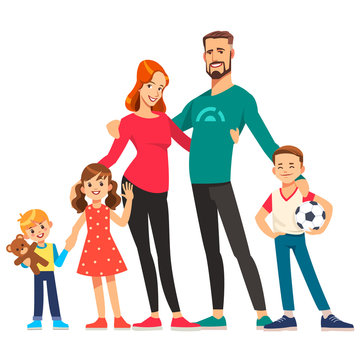 Happy young family. Dad, mom, sons and daughter together. Vector illustration in cartoon style.