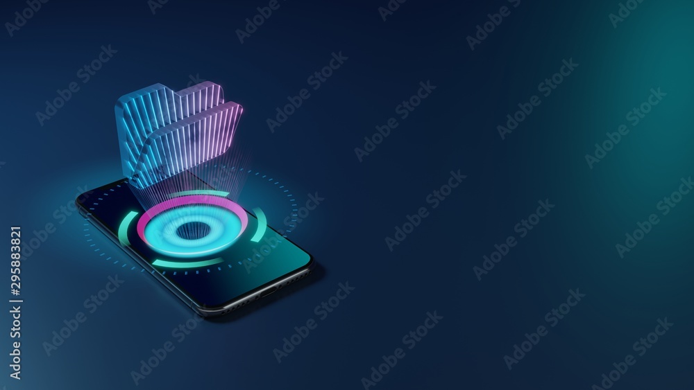 Poster 3d rendering neon holographic phone symbol of folder open icon on dark background